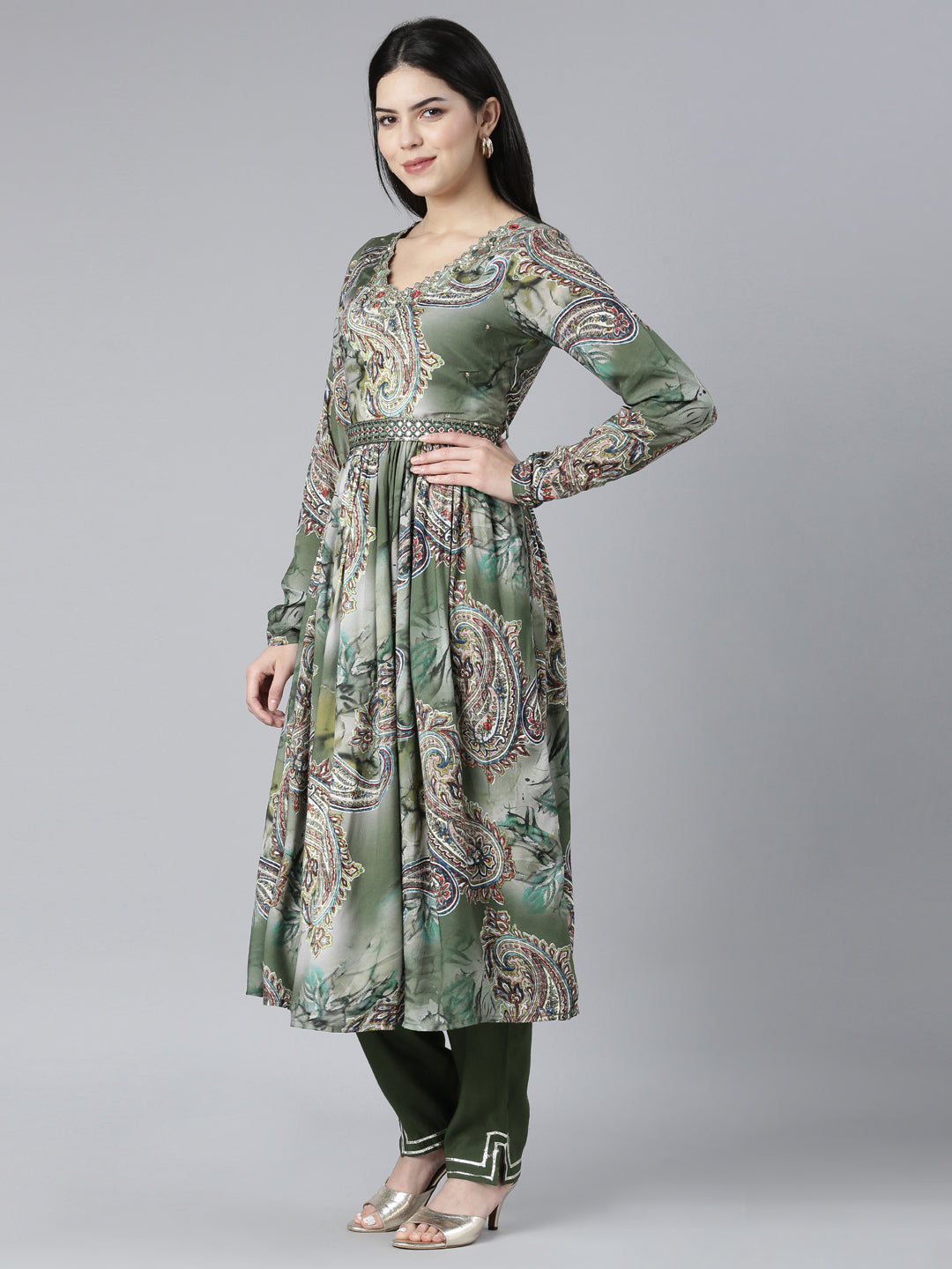 Neerus Green shantoon printed kurta set with trouser and dupatta - back view