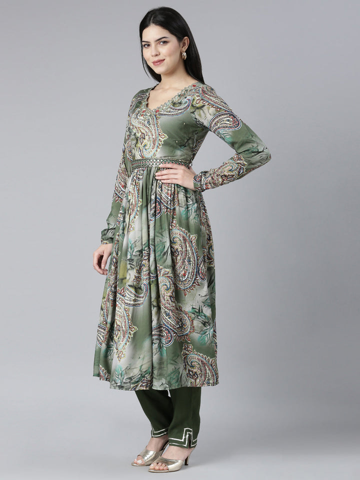 Neerus Green shantoon printed kurta set with trouser and dupatta - back view