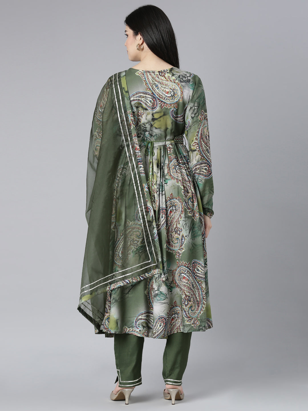 Neerus Green shantoon printed kurta set with trouser and dupatta - side view