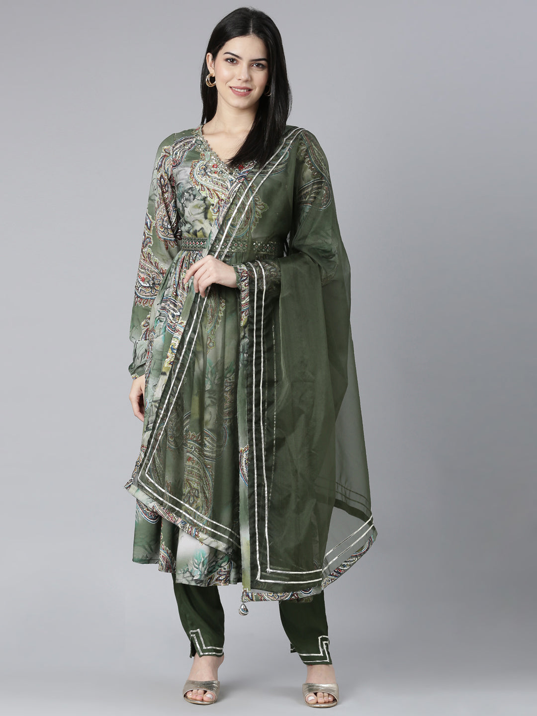 Neerus Green shantoon printed kurta set with trouser and dupatta - detail view 2