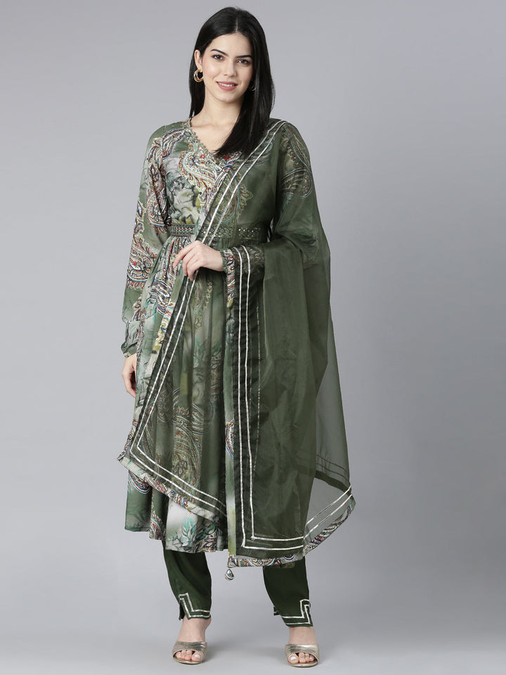Neerus Green shantoon printed kurta set with trouser and dupatta - detail view 2