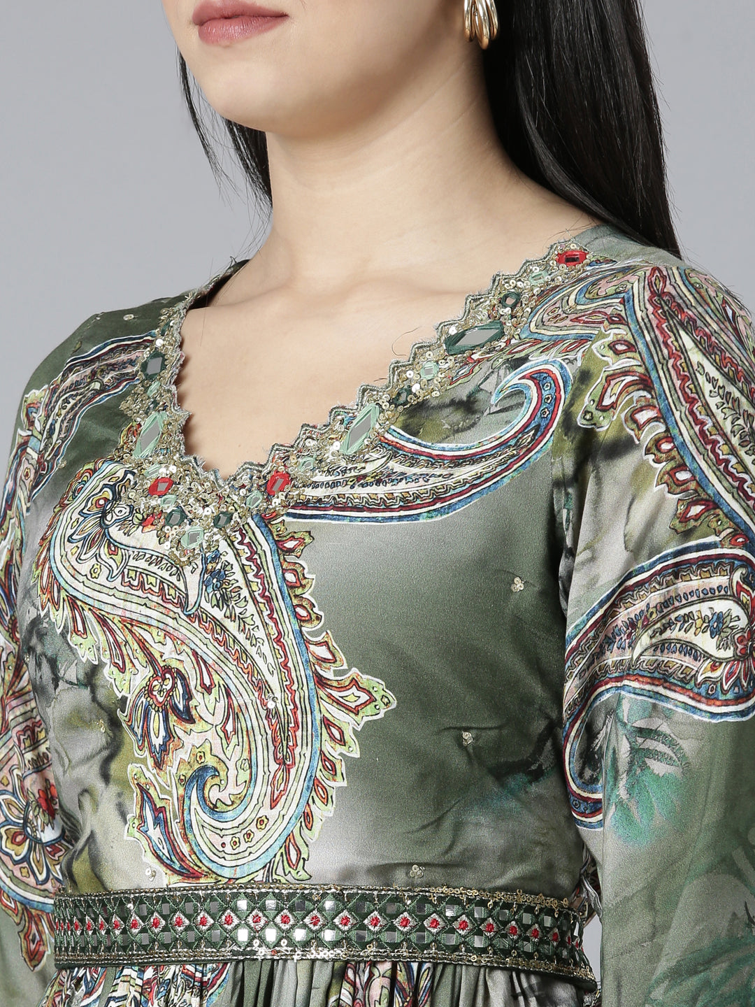 Neerus Green shantoon printed kurta set with trouser and dupatta - detail view 1