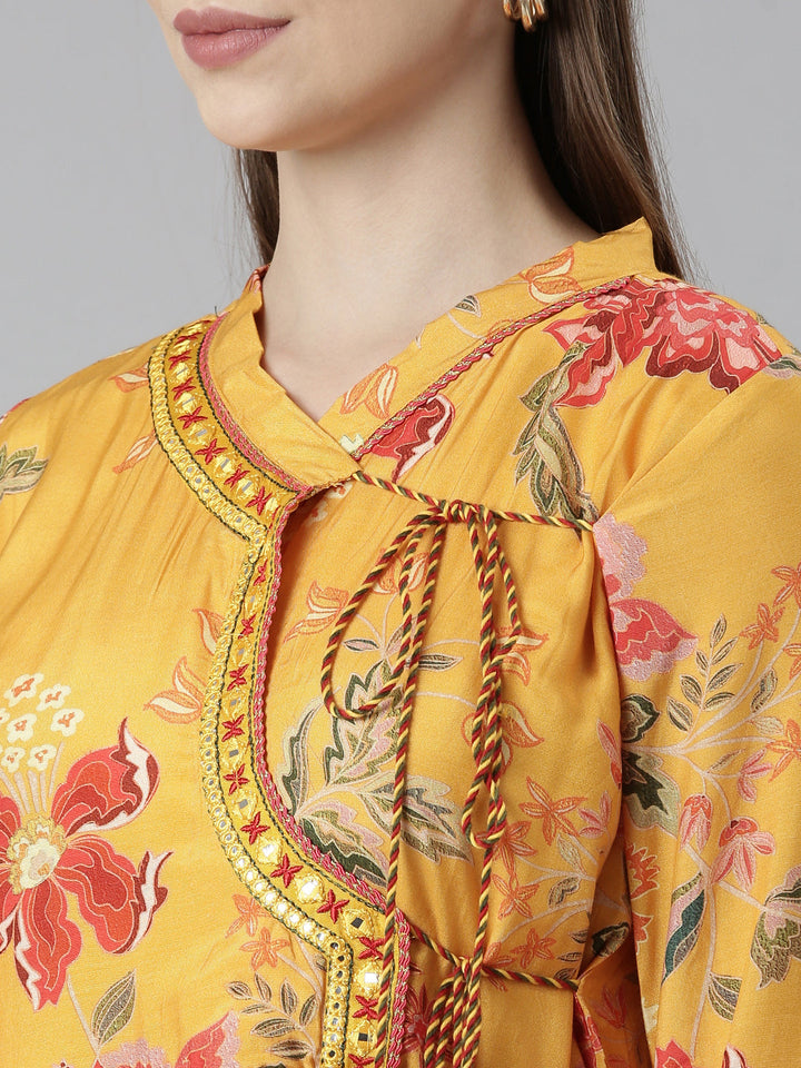 Neerus Yellow muslin printed kurta set with trouser and dupatta - detail view 1