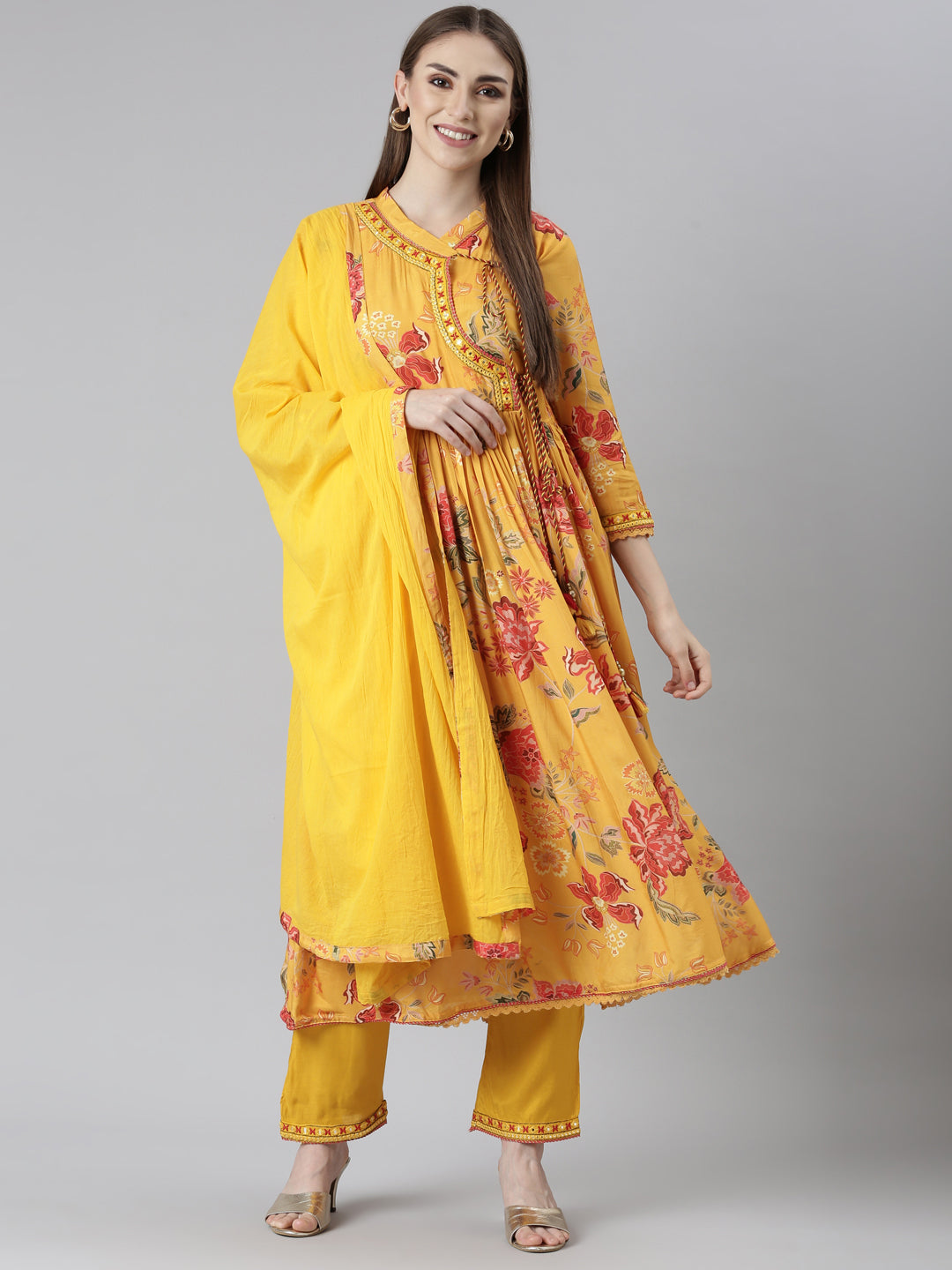 Neerus Yellow muslin printed kurta set with trouser and dupatta - detail view 2