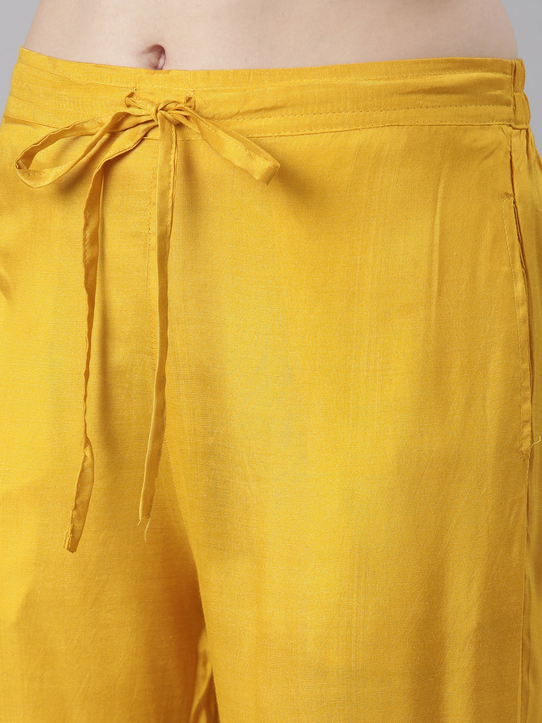 Neerus Yellow muslin printed kurta set with trouser and dupatta - detail view 3