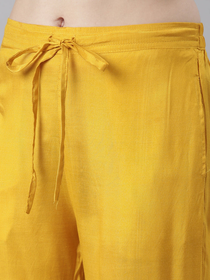 Neerus Yellow muslin printed kurta set with trouser and dupatta - detail view 3
