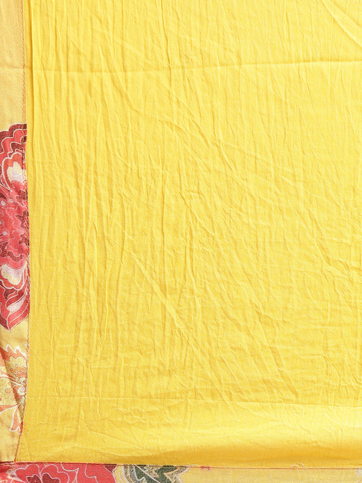 Neerus Yellow muslin printed kurta set with trouser and dupatta - detail view 4