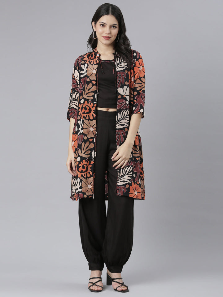 Neerus Black crepe printed co-ord set with jacket - front view