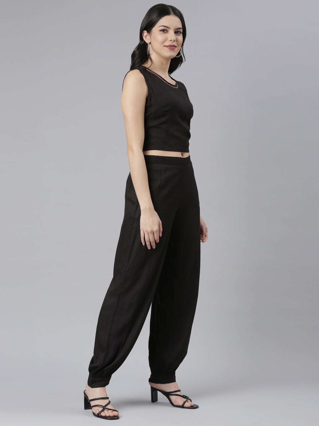 Neerus Black crepe printed co-ord set with jacket - back view