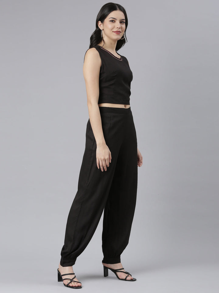 Neerus Black crepe printed co-ord set with jacket - back view