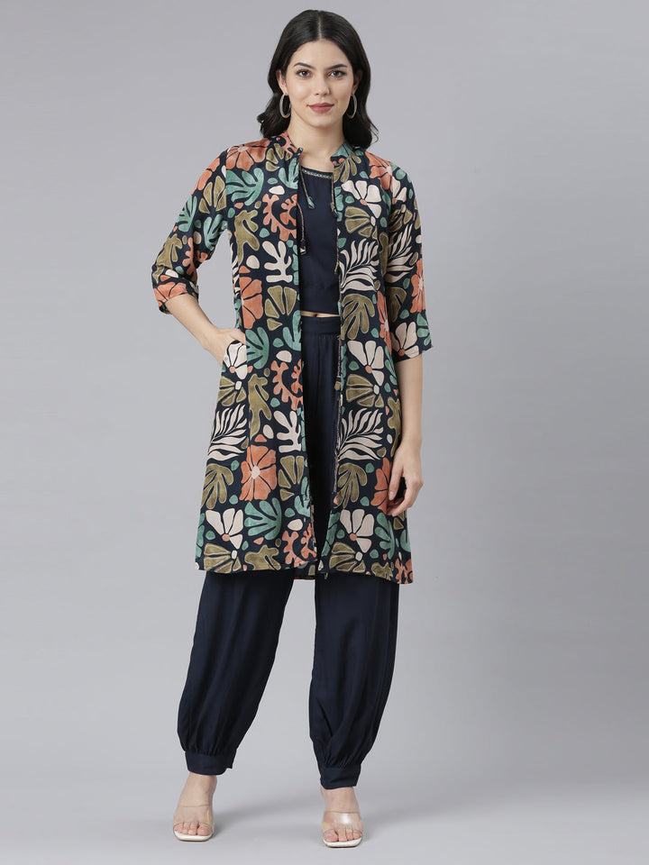 Neerus Blue crepe printed co-ord set with jacket - front view