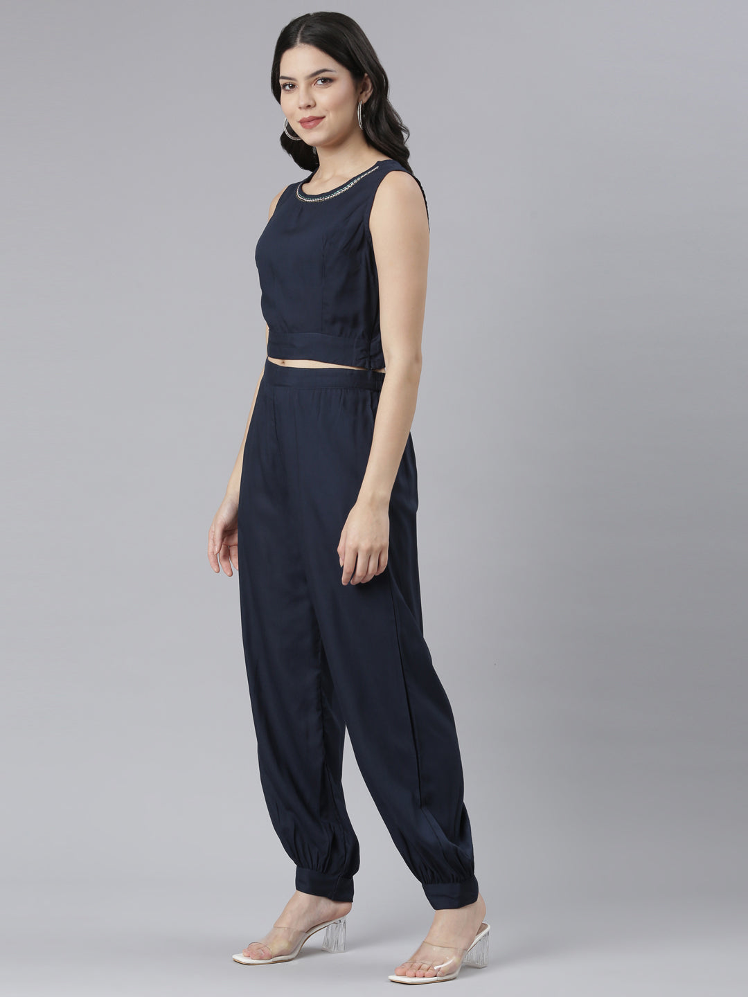 Neerus Blue crepe printed co-ord set with jacket - back view