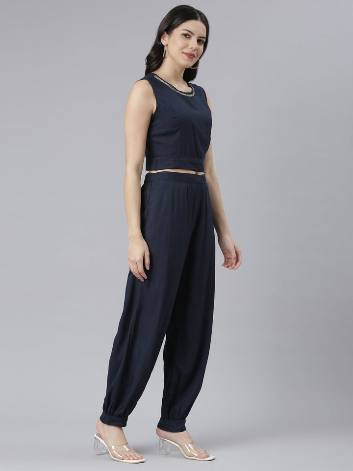 Neerus Blue crepe printed co-ord set with jacket - side view