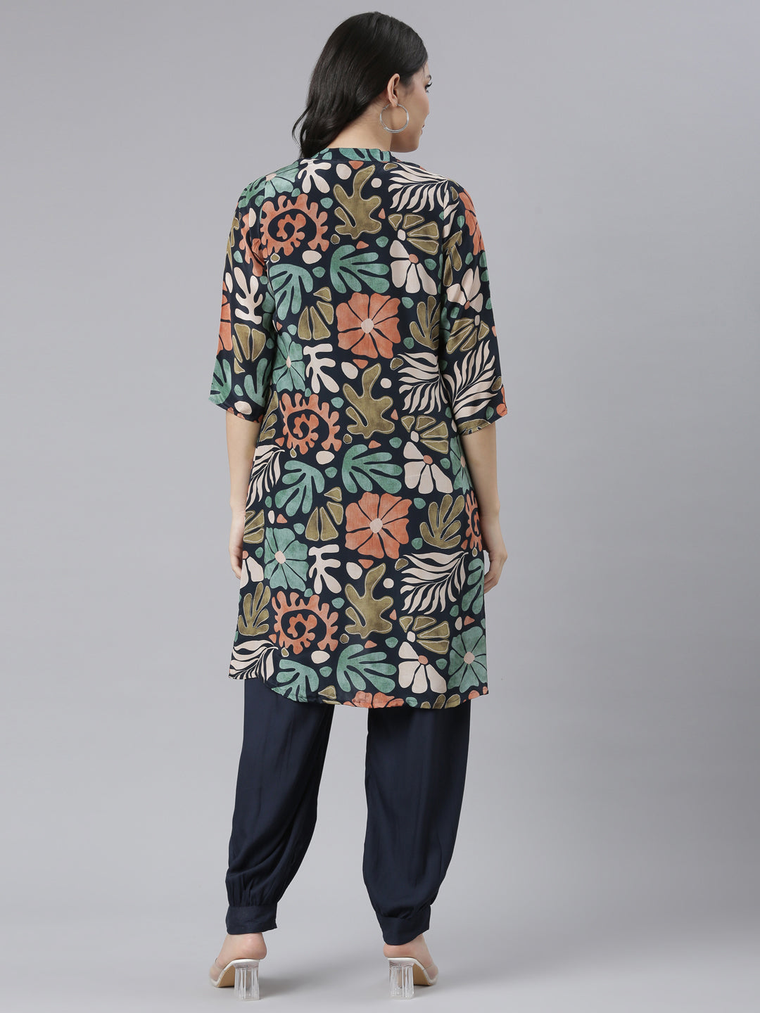 Neerus Blue crepe printed co-ord set with jacket - detail view 1
