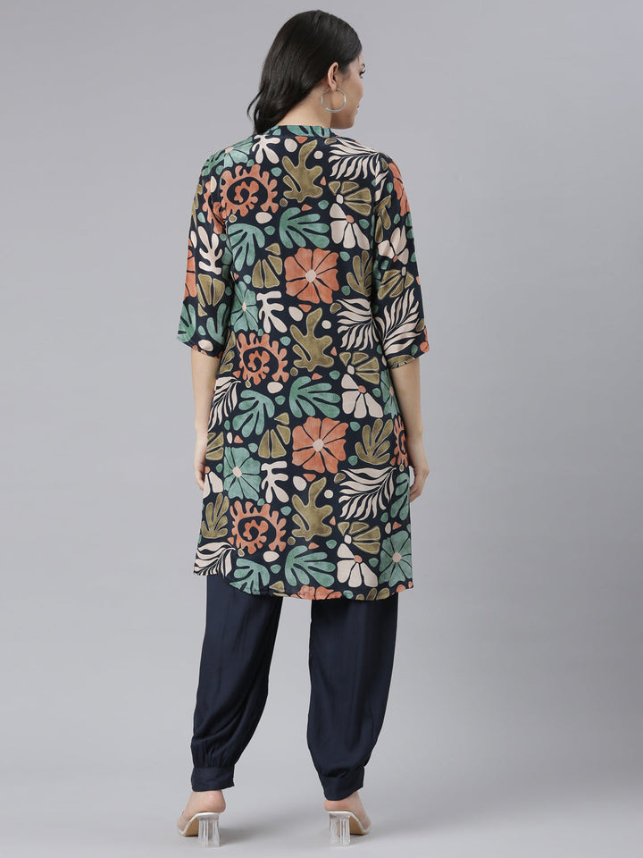 Neerus Blue crepe printed co-ord set with jacket - detail view 1
