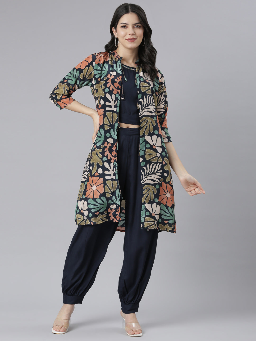 Neerus Blue crepe printed co-ord set with jacket - detail view 2