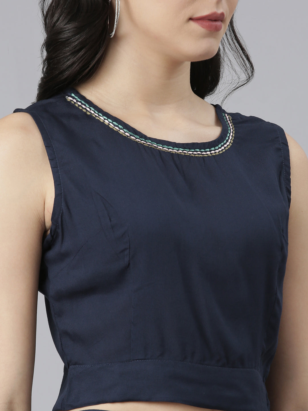 Neerus Blue crepe printed co-ord set with jacket - detail view 3
