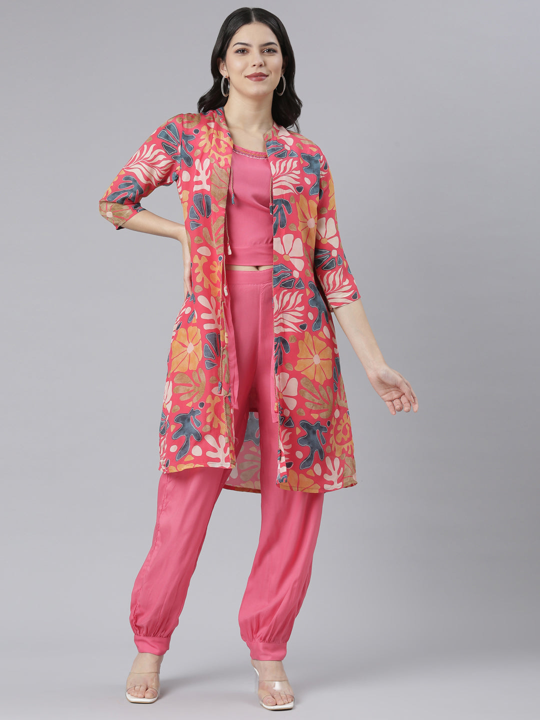 Neerus Pink crepe printed co-ord set with jacket - front view