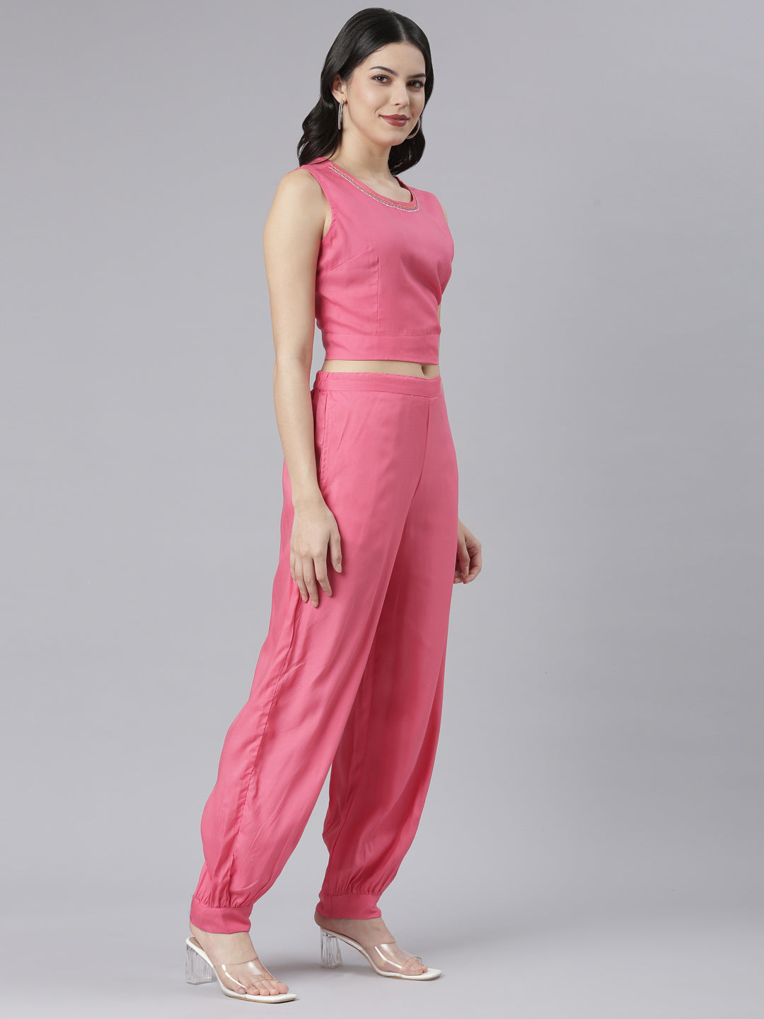 Neerus Pink crepe printed co-ord set with jacket - back view
