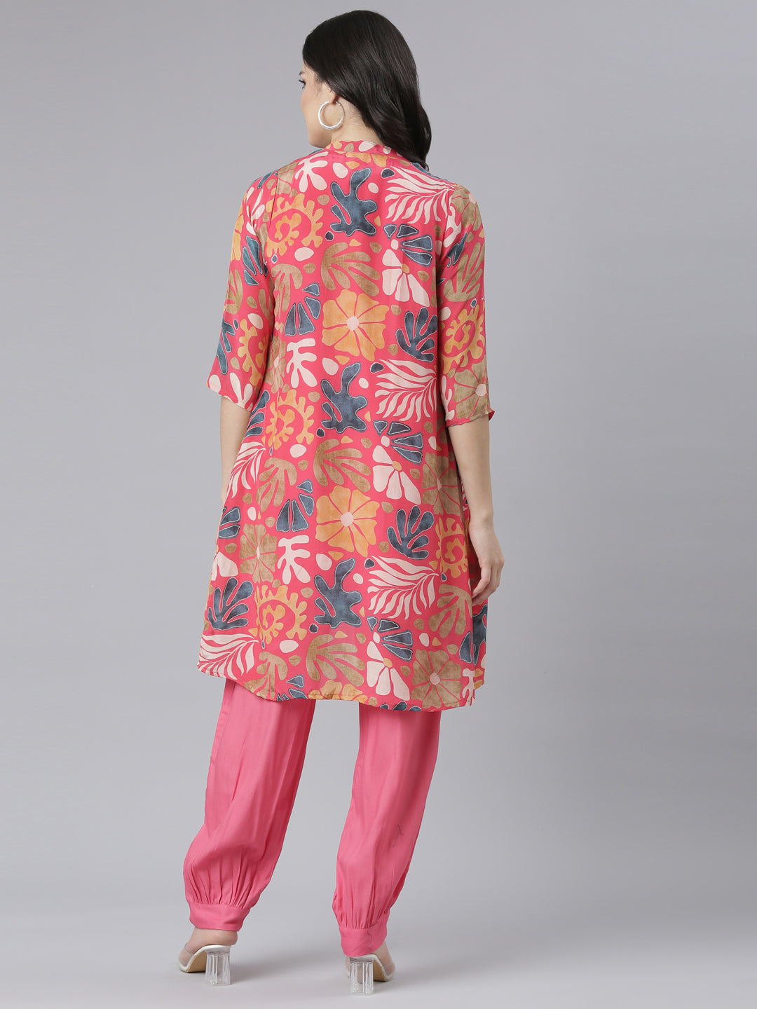 Neerus Pink crepe printed co-ord set with jacket - side view
