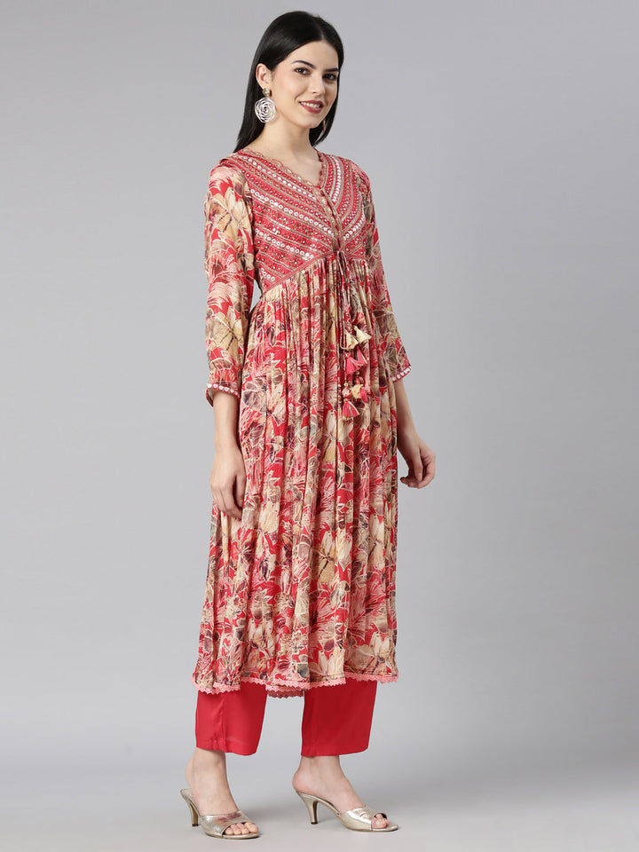 Neerus Red floral printed kurta set with trousers and dupatta - back view