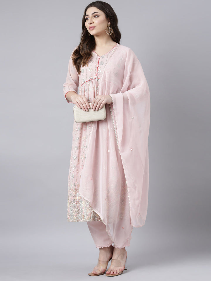 Neerus Pink georgette printed suit set - back view