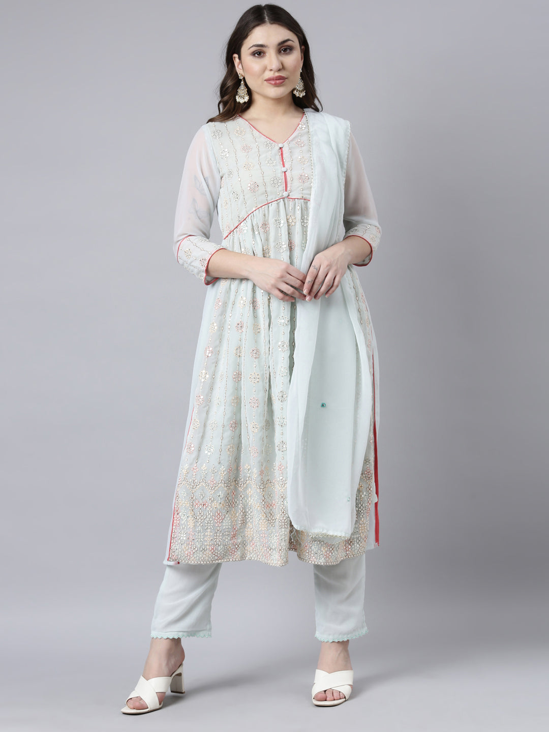 Neerus Green georgette printed suit set - front view