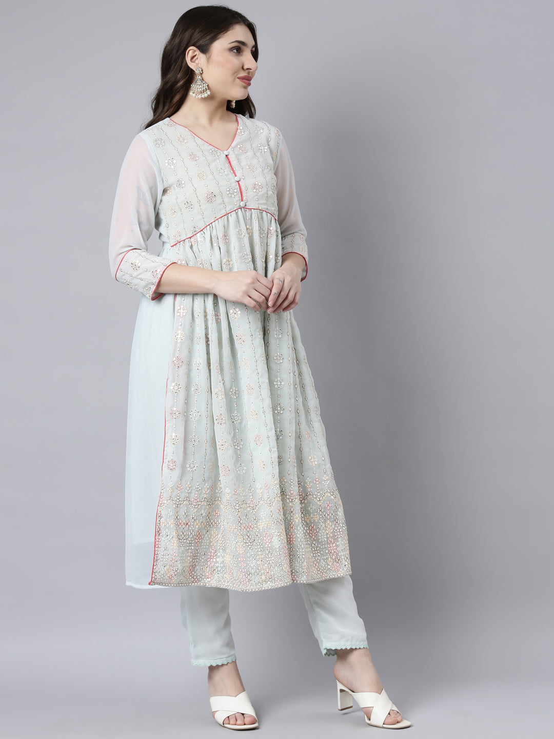 Neerus Green georgette printed suit set - back view