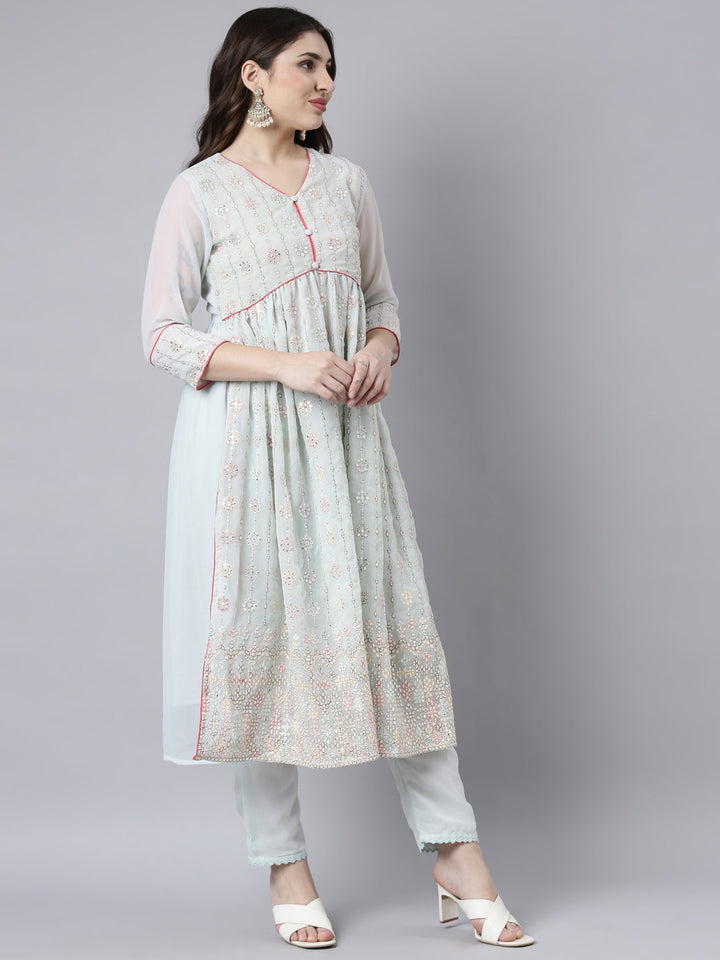 Neerus Green georgette printed suit set - back view