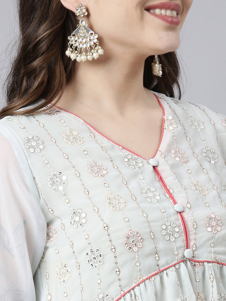 Neerus Green georgette printed suit set - detail view 1