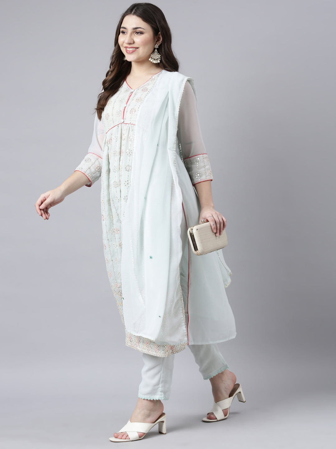 Neerus Green georgette printed suit set - detail view 2