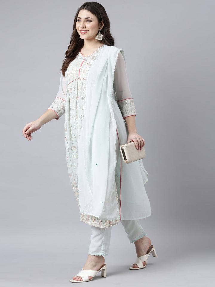 Neerus Green georgette printed suit set - detail view 2
