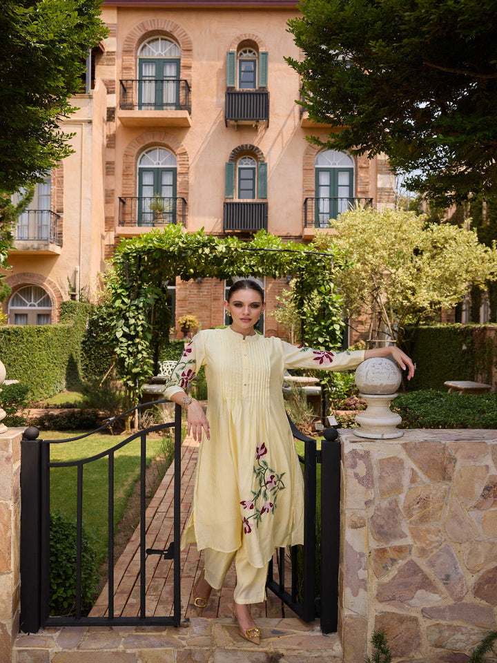 Neerus Yellow Embroidered Straight Kurta and Trousers