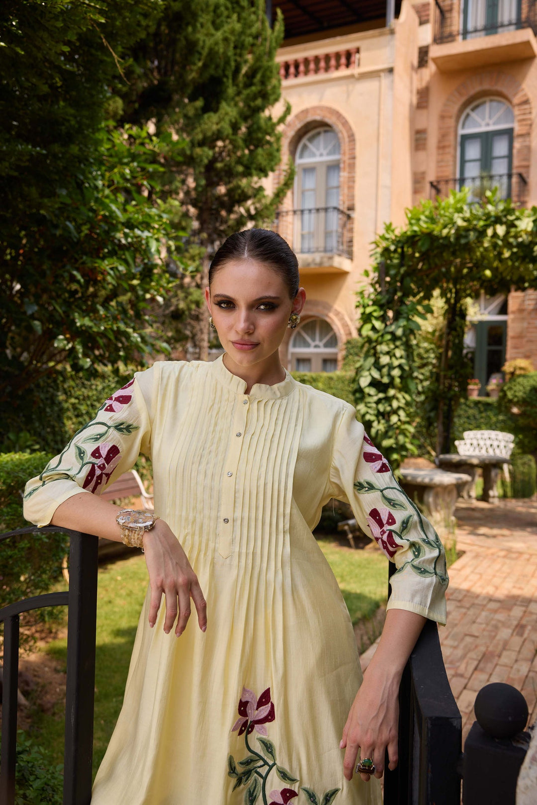 Neerus Yellow cotton embroidered kurta set - detail view 1
