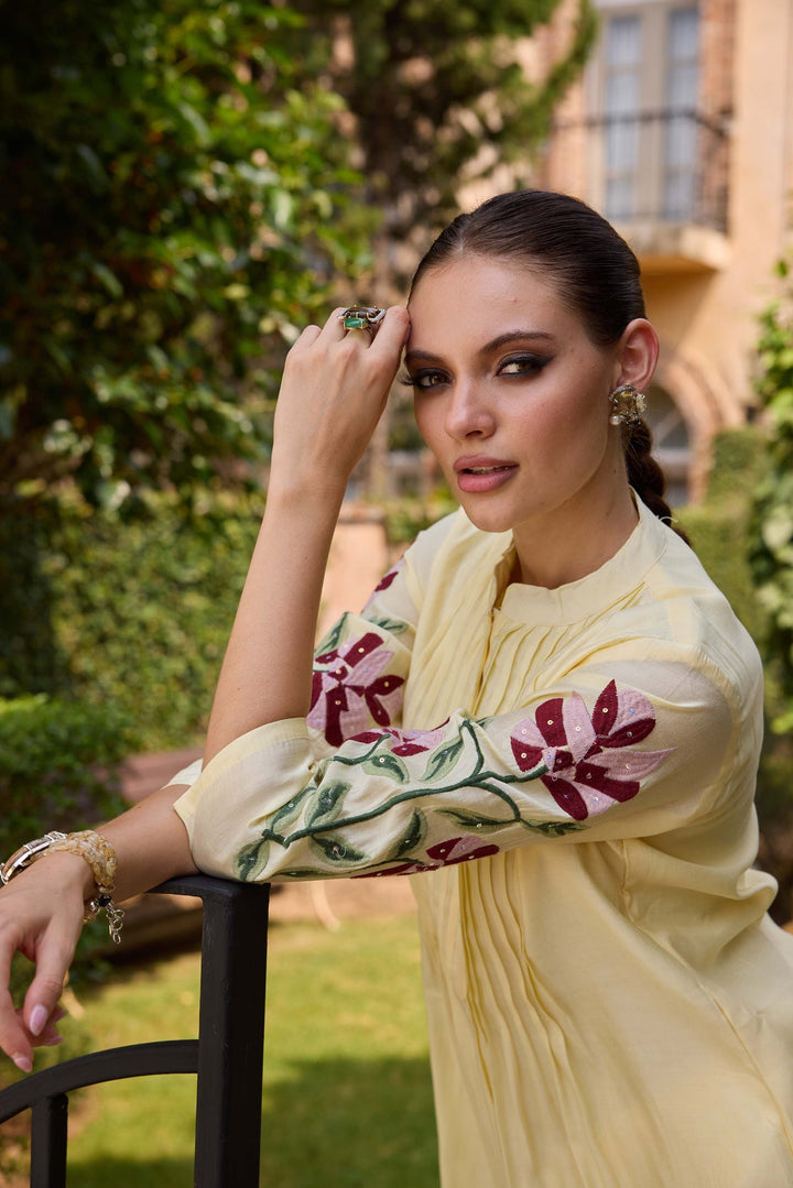 Neerus Yellow cotton embroidered kurta set - detail view 2