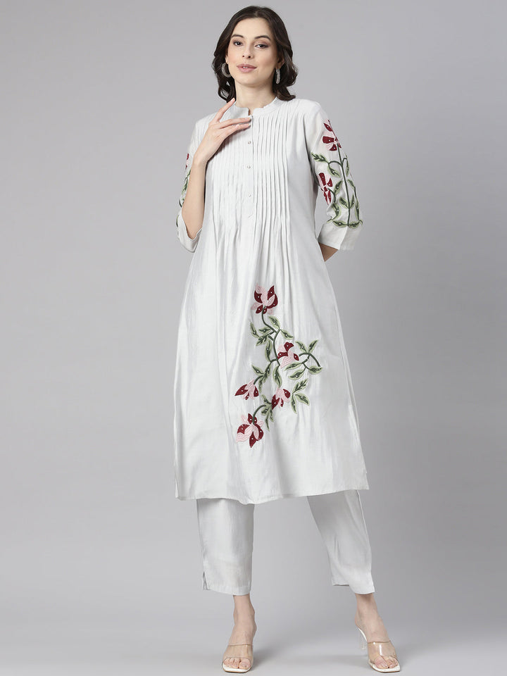 Neerus Grey Embroidered Straight Kurta and Trousers