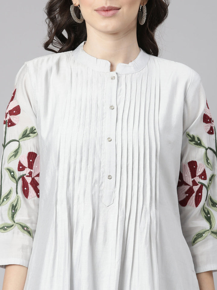 Neerus Grey Embroidered Straight Kurta and Trousers