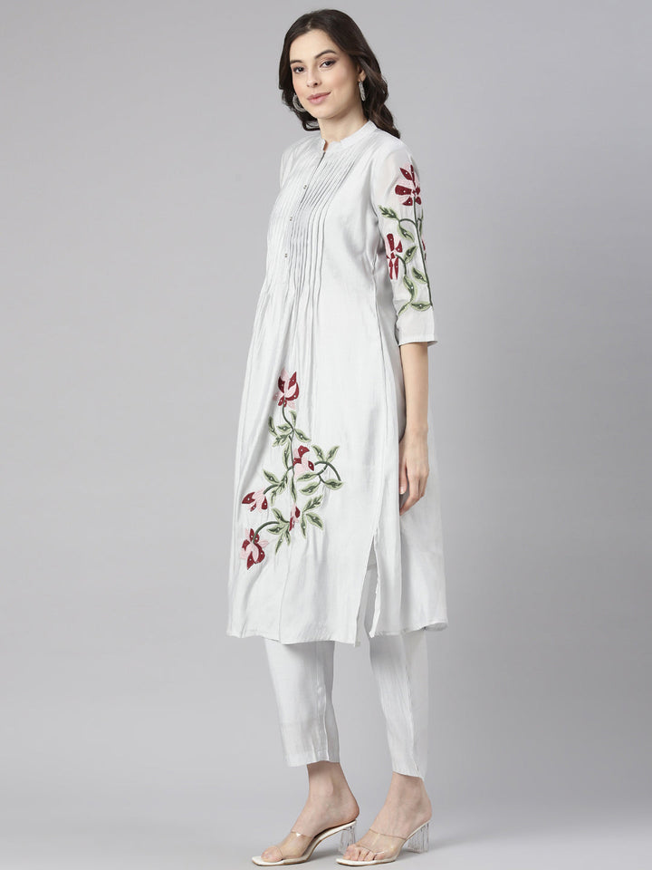Neerus Grey Embroidered Straight Kurta and Trousers