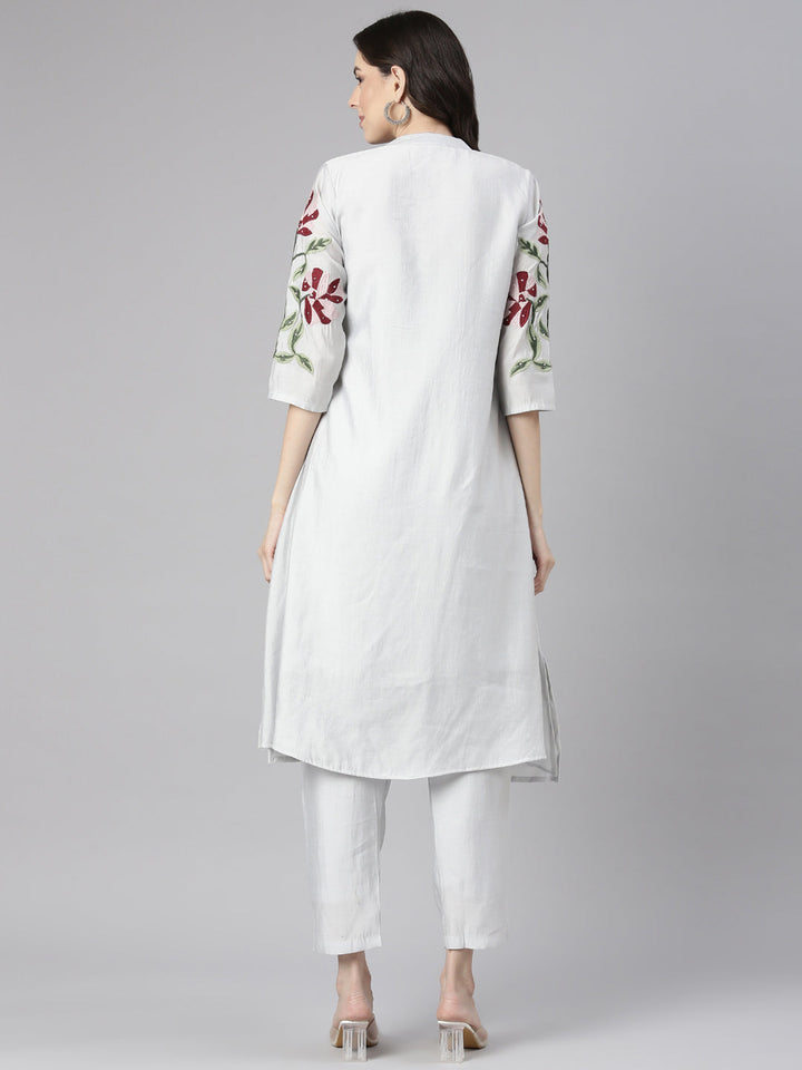 Neerus Grey Embroidered Straight Kurta and Trousers