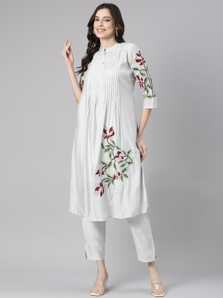 Neerus Grey Embroidered Straight Kurta and Trousers