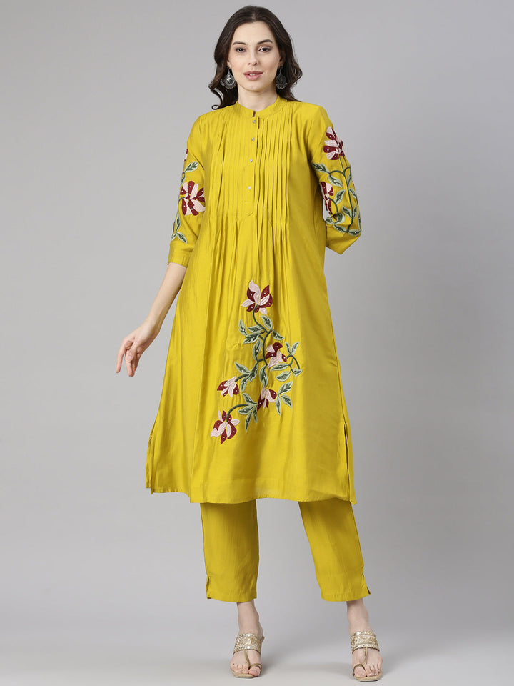 Neerus Mustard Embroidered Straight Kurta and Trousers