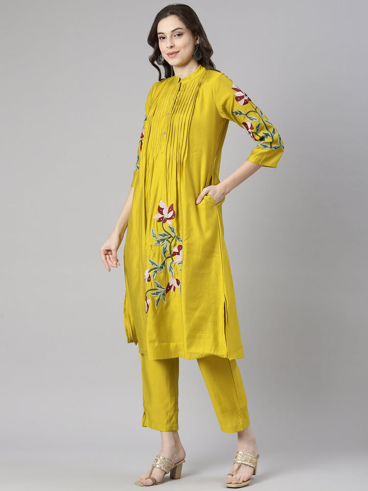 Neerus Mustard Embroidered Straight Kurta and Trousers