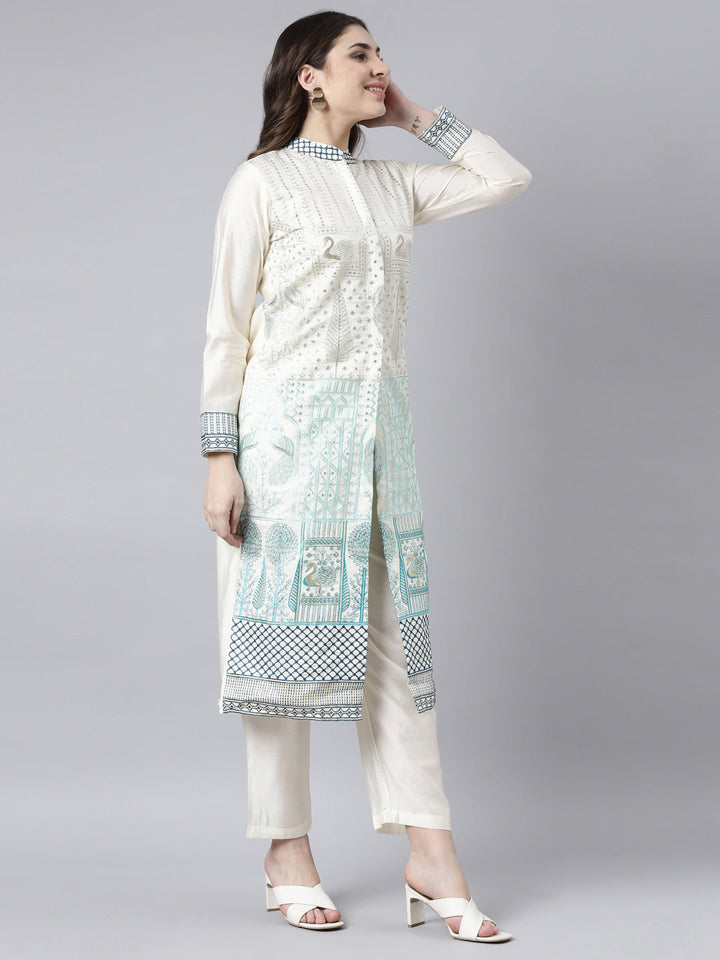 Neerus White cotton printed kurta set with trouser - side view