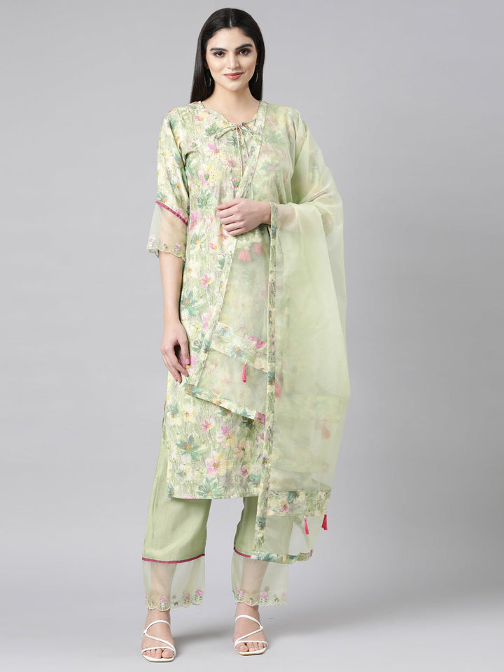 Neerus Green printed floral straight suit set - front view