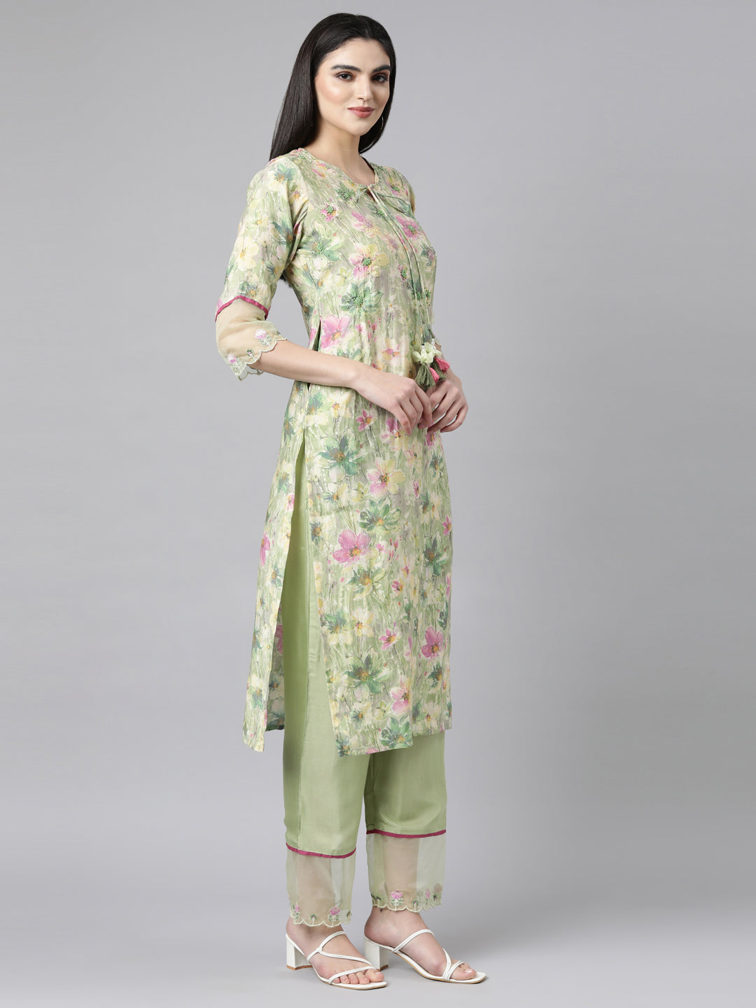 Neerus Green printed floral straight suit set - back view