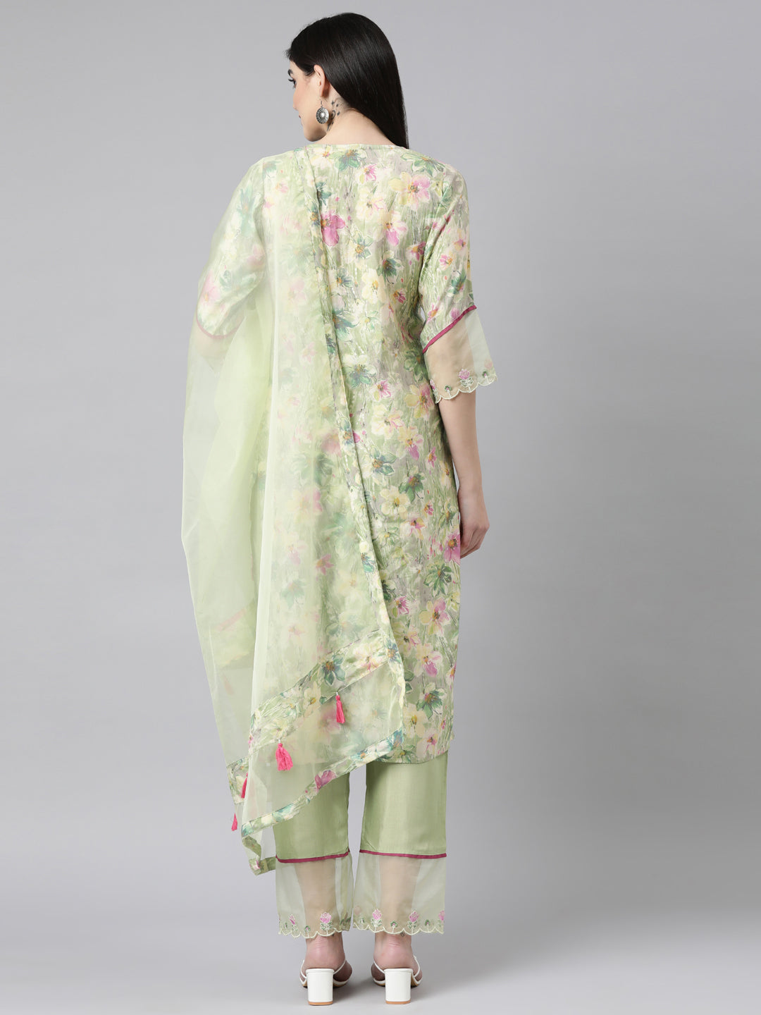 Neerus Green printed floral straight suit set - side view
