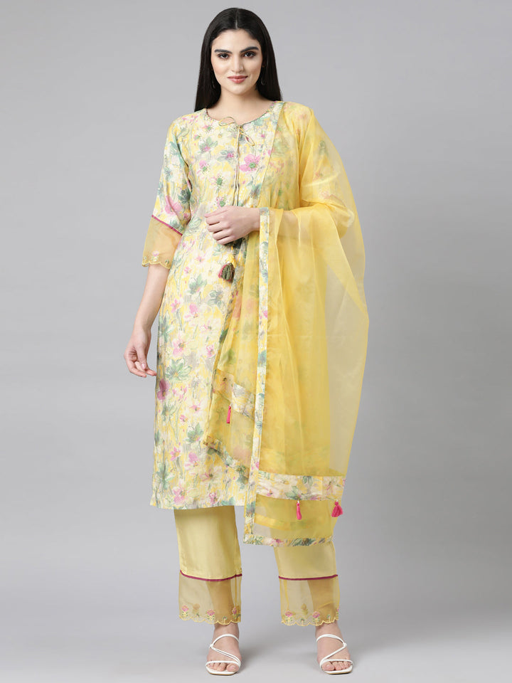 Neerus Yellow printed floral suit set - front view