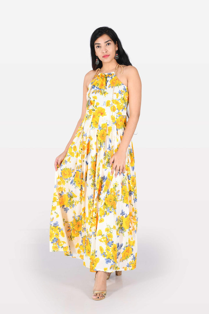 Neerus Yellow cotton printed A-Line kurta - front view