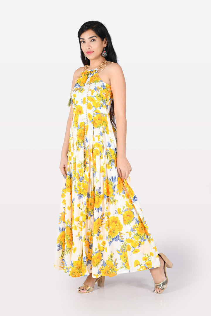Neerus Yellow cotton printed A-Line kurta - back view