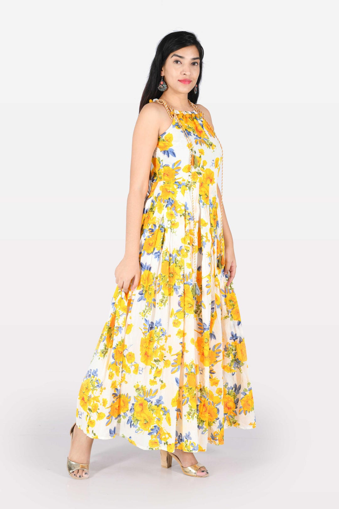 Neerus Yellow cotton printed A-Line kurta - side view
